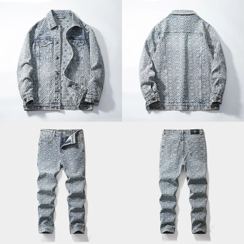 2026 New Design Men's Women's Winter Jacket Spring Autumn High Street Simple High-end Feeling Floral Button 2 Piece Denim Set