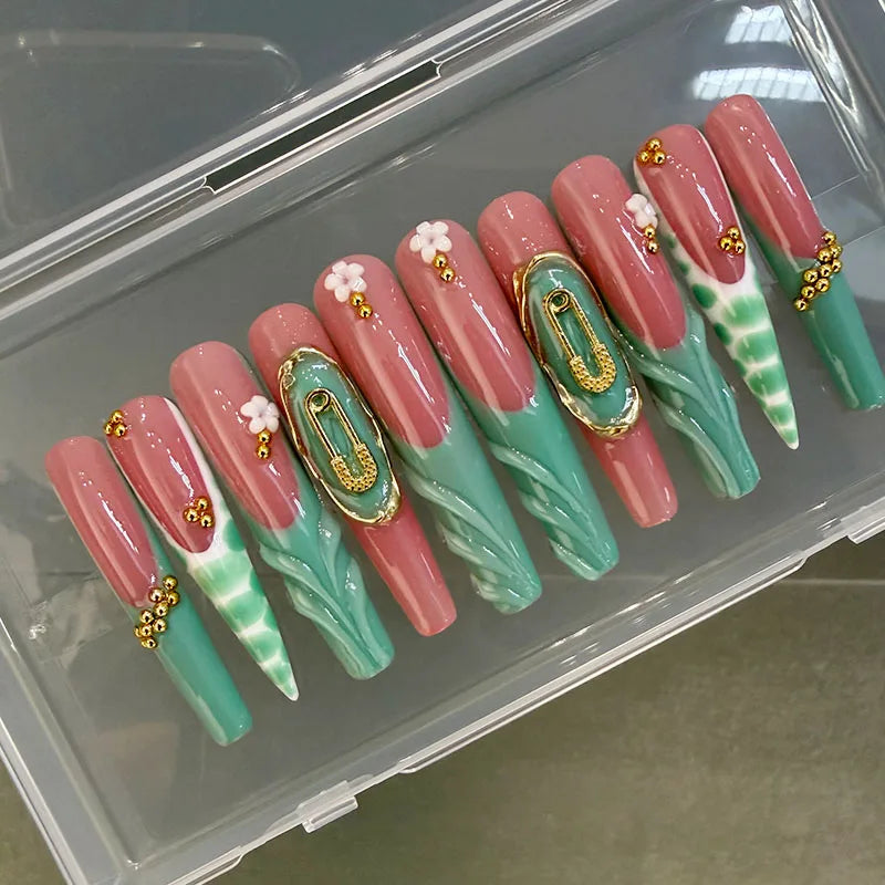 Wholesale 10pcs Hand-painted Water Decals Press-on Nails Pre-designed Glue CE Certified Beautiful Luxury Handmade Acrylic Full