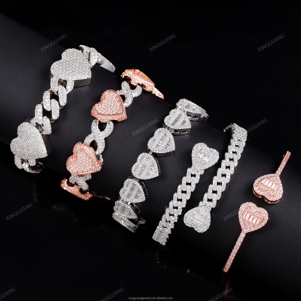 Hip Hop Jewelry Heart Shape Bangles Gold Plated 925 Sterling Silver VVS Moissanite Diamond Iced Out Cuban Bracelet