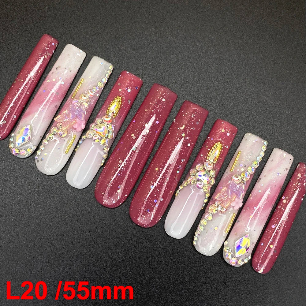 10PCS Full Decorated Soft Gel Thick Acrylic Handmade Nails Press on 55mm Extra Long Salon Design Artificial Fingernail Wholesale - L20 / 50g