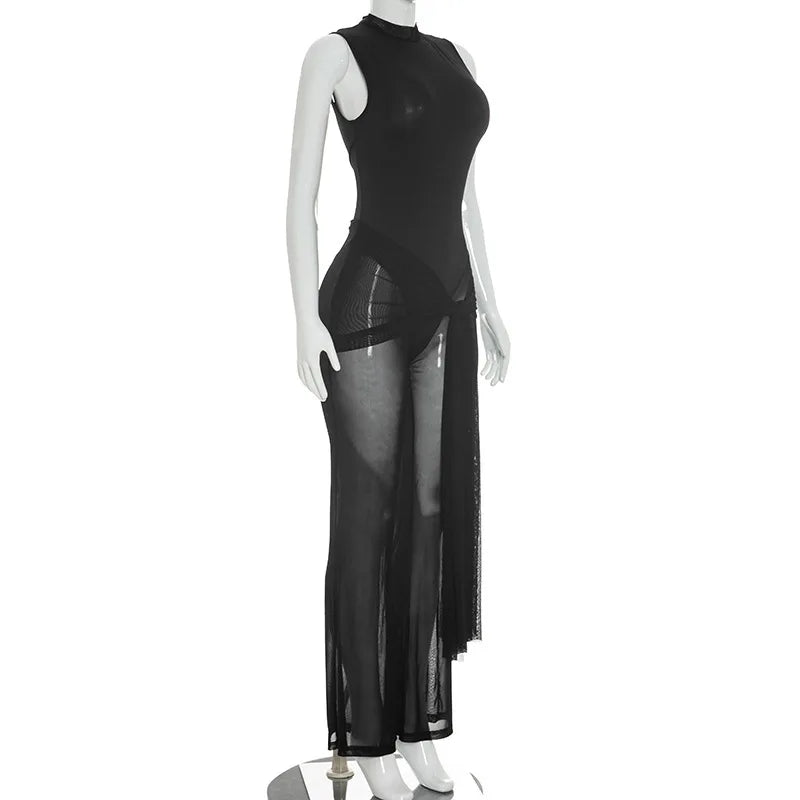 H0600-sexy Mesh Sleeveless Backless Bandage Black See Through One Piece Jumpsuit Women
