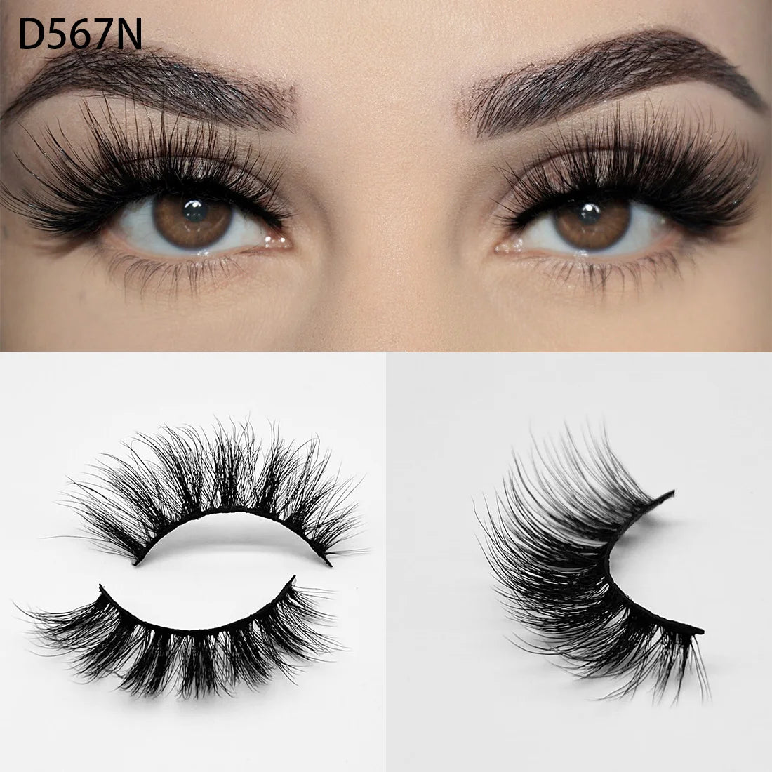 8D Wispy Cat Eye Fox Faux Mink Lashes 5 Pairs Full Strip Winged Eyelashes Pack - Natural Long / plastic lashes tray / D567N