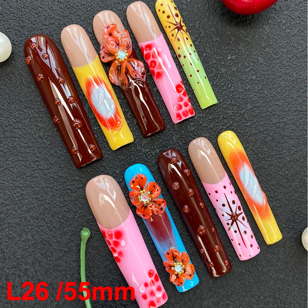 10PCS Full Decorated Soft Gel Thick Acrylic Handmade Nails Press on 55mm Extra Long Salon Design Artificial Fingernail Wholesale - L26 / 50g