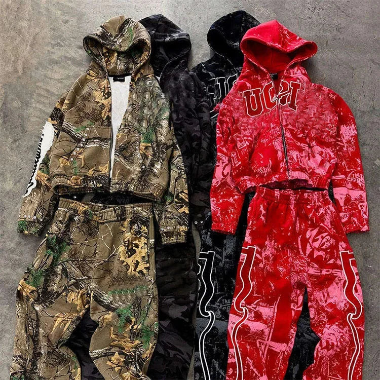 Tracksuits Men Full All Over Dtg Print Zip up Hoodie Streetwear Baggy Stacked Vintage Flared Sweatpants and Hoodies Set