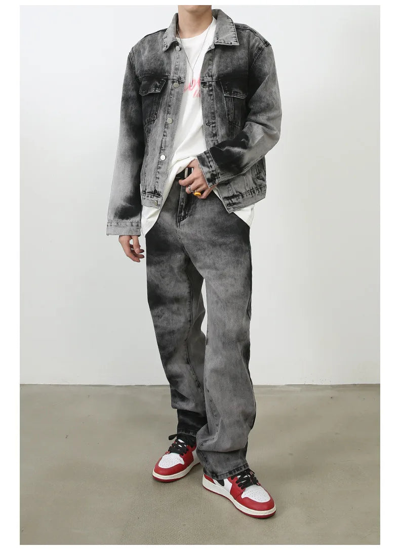 Custom Factory Distress Wash Stone Wash Dye Denim Jacket and Jeans Pants 2pcs Denim Set Men Woven Spring Hip Hop