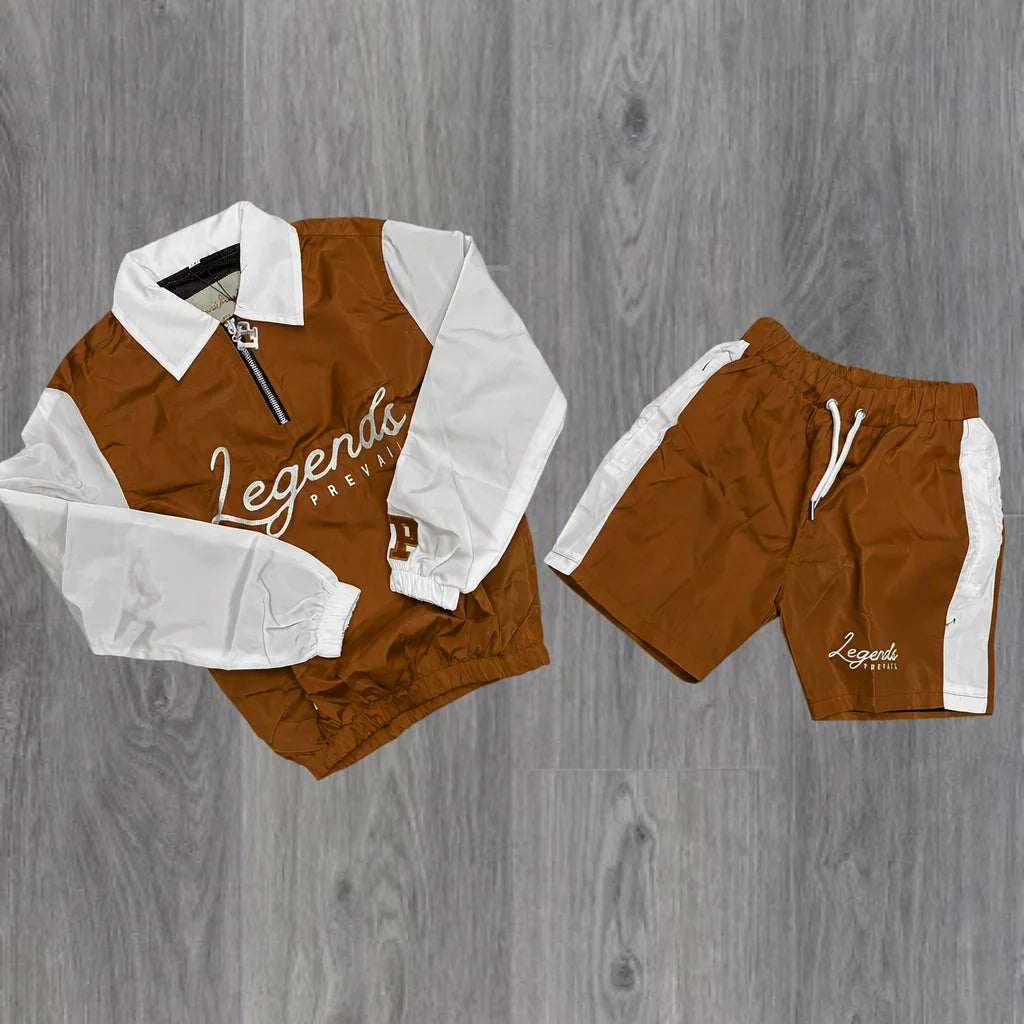Custom Streetwear Men Windbreaker Nylon Jacket and Shorts Set Zip up Nylon Two Piece Windbreaker Short Set Tracksuit for Mens - Brown