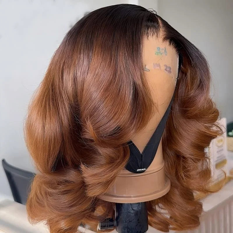 Ombre Brown Color 13X4 Lace Frontal Human Hair Wig Glueless Body Wave Short Bob Lace Front Wig for Woman