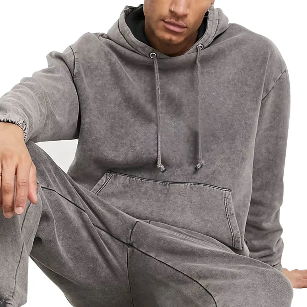 Vintage Acid Washed Heavyweight Casual Solid Plus Size Eco-Friendly Windproof Hooded Tracksuit Stylish Distressed Winter Hoodie