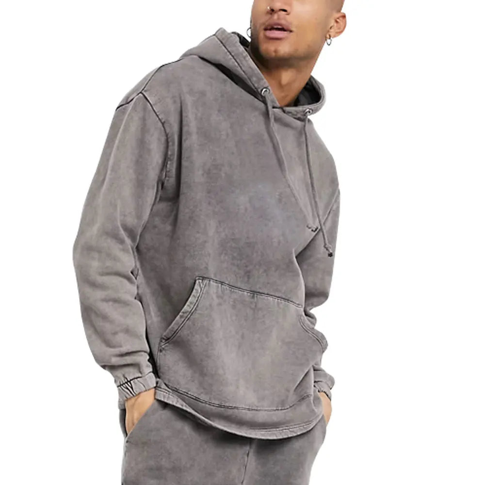 Vintage Acid Washed Heavyweight Casual Solid Plus Size Eco-Friendly Windproof Hooded Tracksuit Stylish Distressed Winter Hoodie