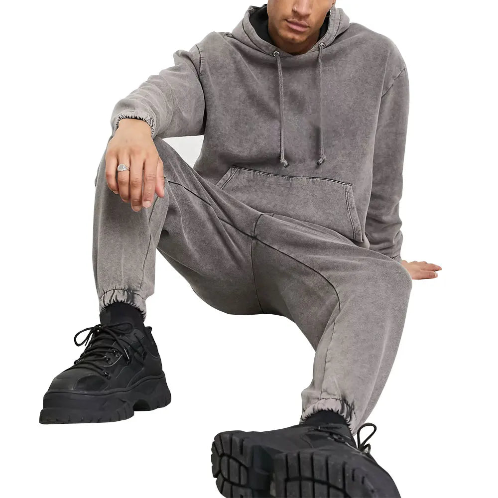 Vintage Acid Washed Heavyweight Casual Solid Plus Size Eco-Friendly Windproof Hooded Tracksuit Stylish Distressed Winter Hoodie