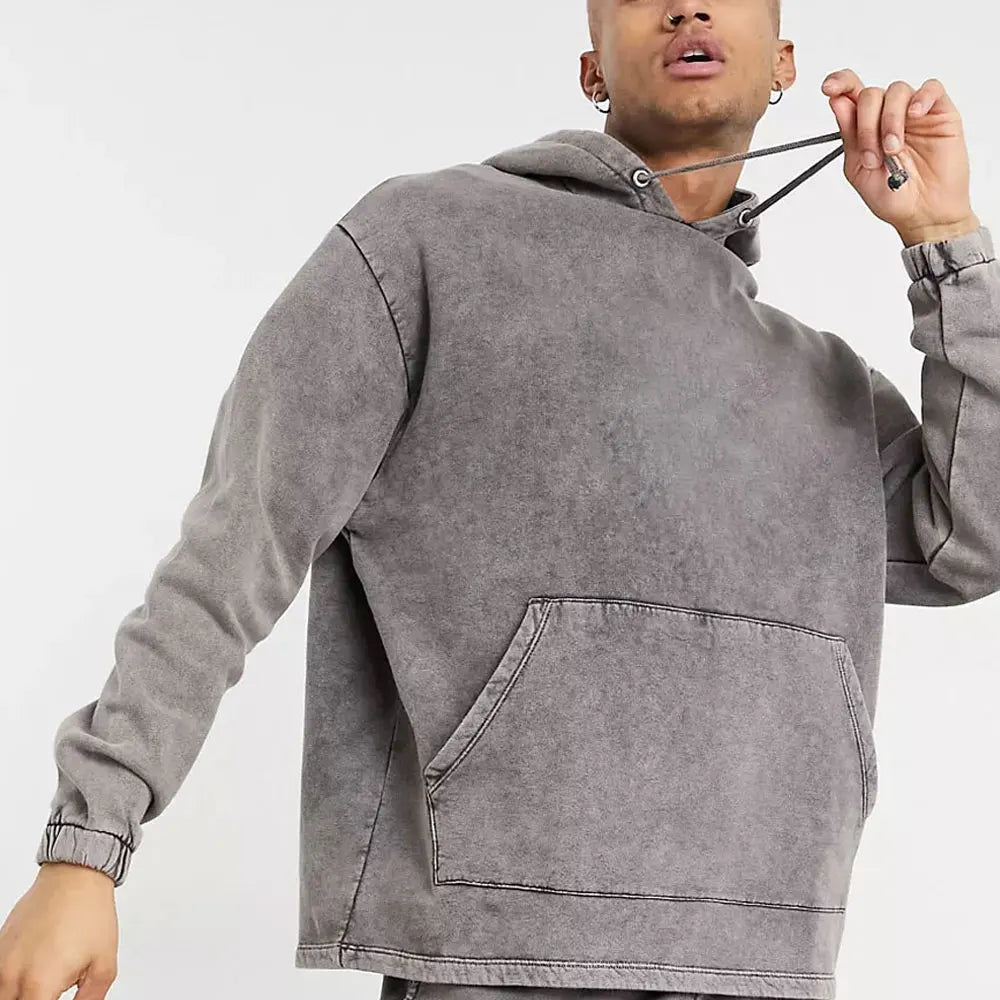 Vintage Acid Washed Heavyweight Casual Solid Plus Size Eco-Friendly Windproof Hooded Tracksuit Stylish Distressed Winter Hoodie