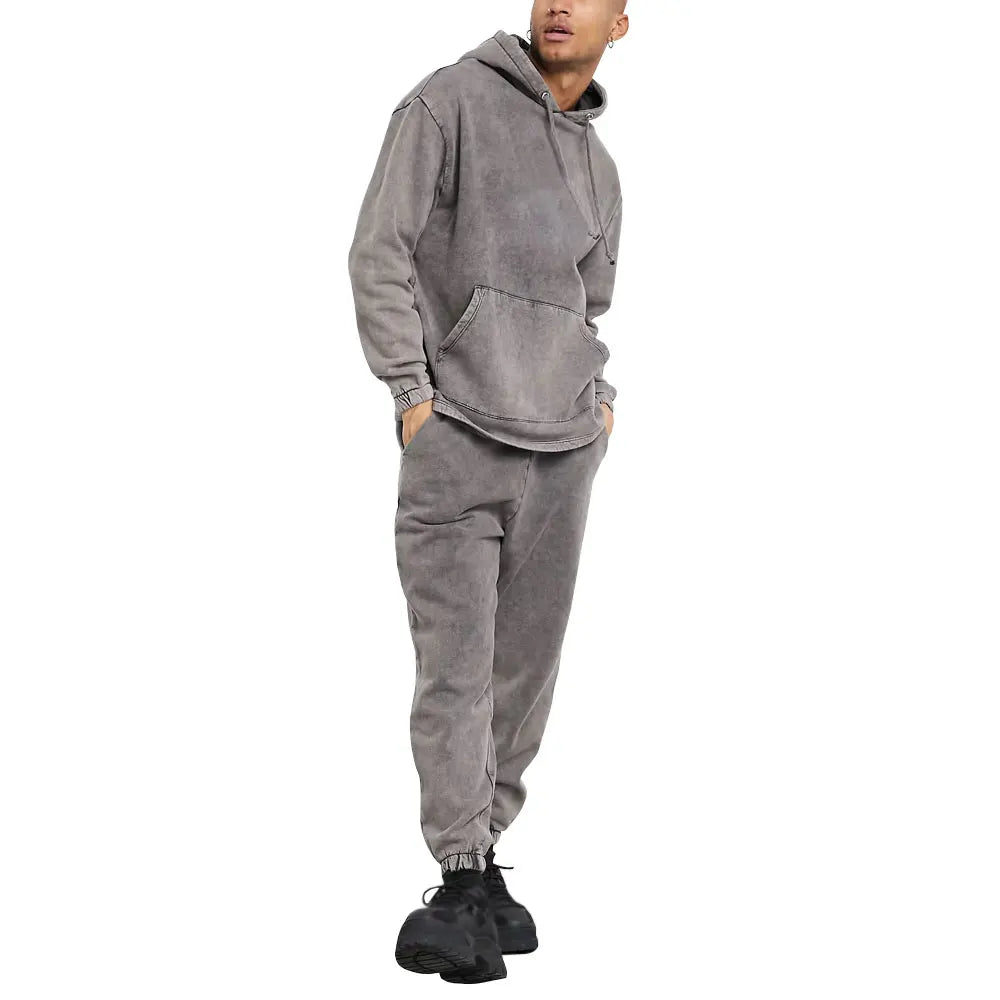 Vintage Acid Washed Heavyweight Casual Solid Plus Size Eco-Friendly Windproof Hooded Tracksuit Stylish Distressed Winter Hoodie