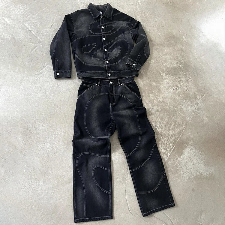 Clothing Factory Outfits Casual Winter Denim Jeans Jacket Sets Unisex Oversized Heavyweight Pants Custom Set Quick Dry 240g