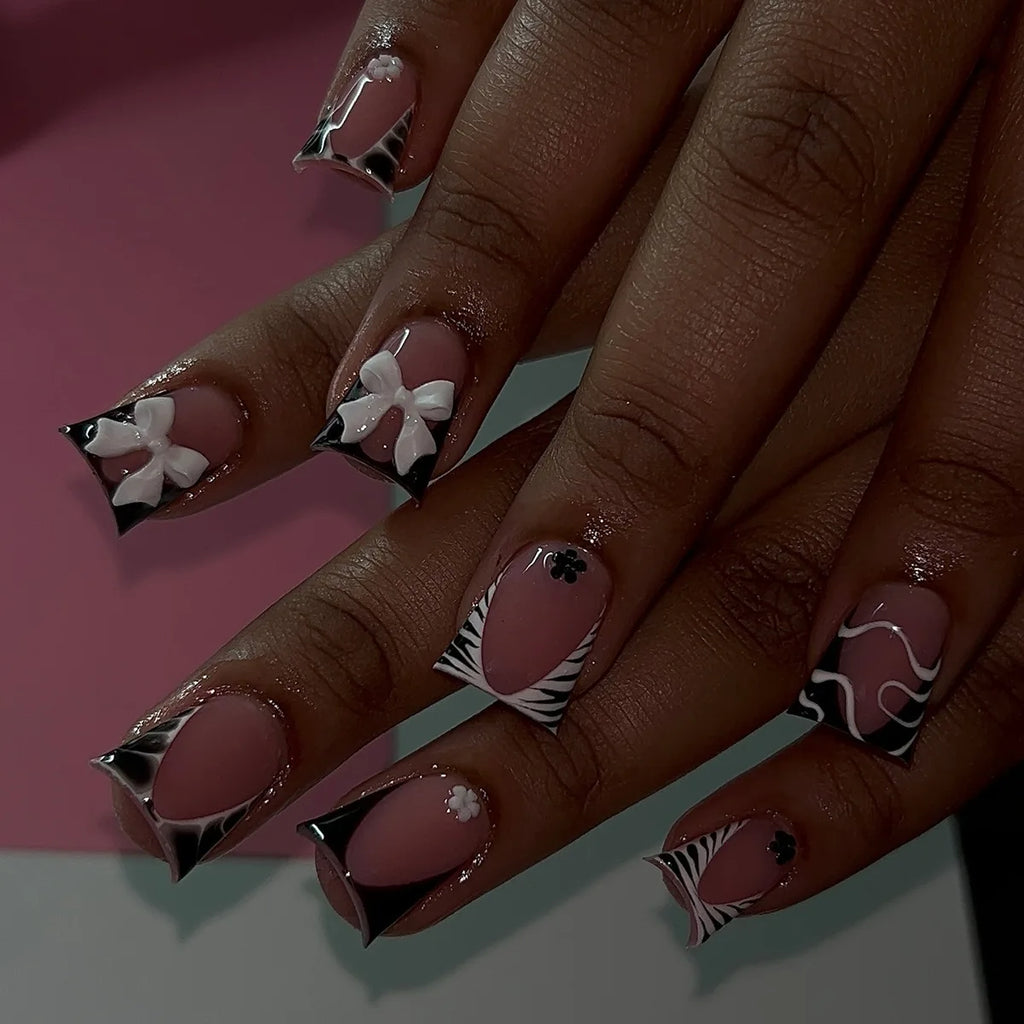 Nude Pink Duckbill Press-On Nails with 3D Bows (24 Pcs)