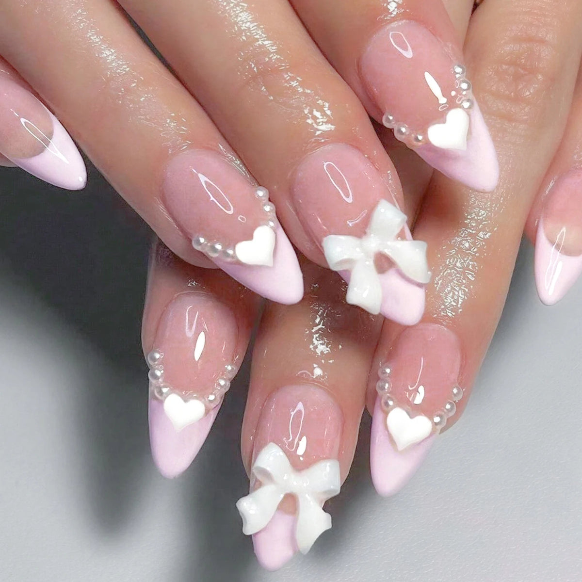Nude Pink Duckbill Press-On Nails with 3D Bows (24 Pcs)