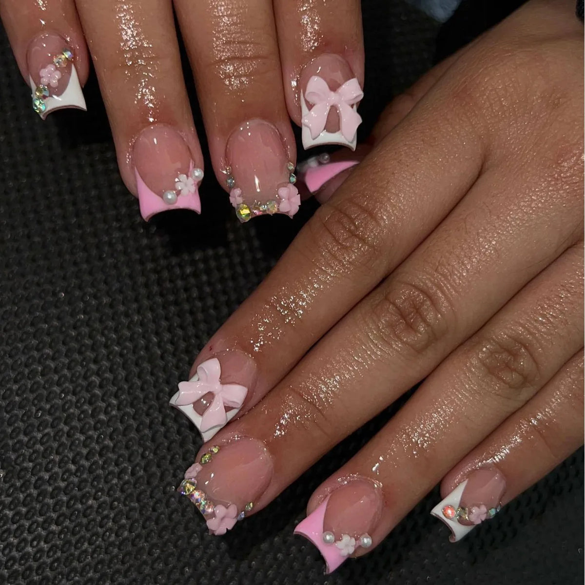 Nude Pink Duckbill Press-On Nails with 3D Bows (24 Pcs)