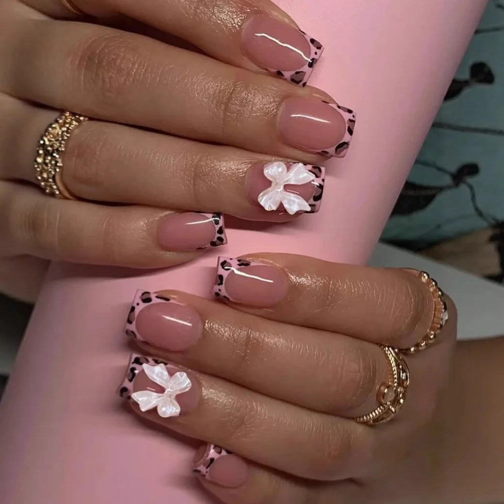 Nude Pink Duckbill Press-On Nails with 3D Bows (24 Pcs)